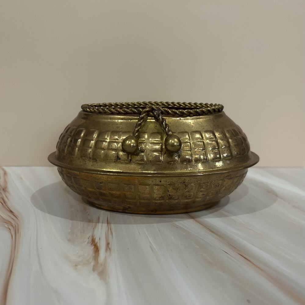 Vintage Indian Brass Planter Bowl with Twisted Rope Tassel Handles